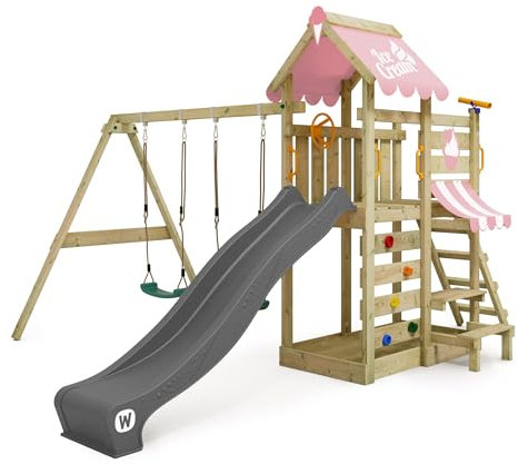 WICKEY Aire de Jeux VanillaFlyer portique en Bois avec bâche & balançoire et Toboggan, Tour d'escalade pour Enfants avec bac à Sable, échelle et Accessoires de Jeu pour Le Jardin - Rose Pastel