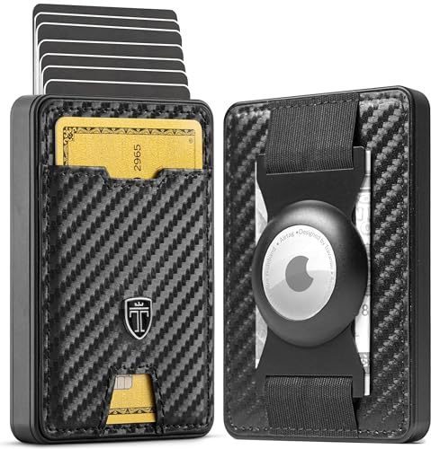 TRAVANDO SWYPE Aluminium Pop-Up Wallet mit AirTag Halter für 6-7 Karten - Geldbörse für Herren mit RFID Schutz - Geldbeutel mit Geldklammer - Kartenetui mit Geldspange (Kunstleder, Carbon)