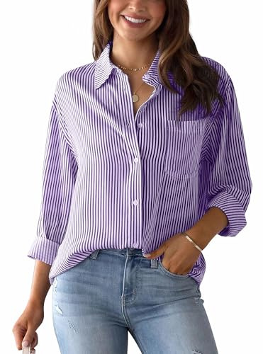 AIEOE Camicia Donna Elegante Scollo a V Camicia Maniche Lunghe a Righe Camicia Button Down Donna Casual Ufficio Blusa L Viola