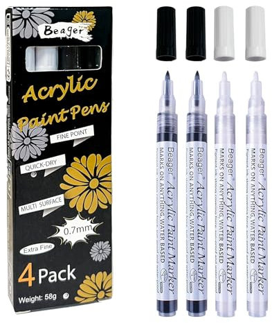 Beager Schwarz Weiß Acrylstifte für Steine, 0,7mm Permanent Marker Stifte Lackstift Wasserfest Acrylfarben Stifte Steinmalerei Stifte für Holz Leinwand Keramik Metall Papier Glas Kunststoff 4 Pcs