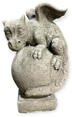 OriginalPaul Skulp & Betondesign Drache auf Kugel: Massive Steinfigur, Steinguss, 8kg, 32x19x18cm, Frostsicher für Haus und Garten