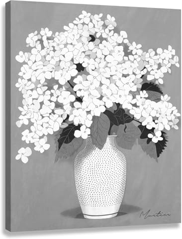 Woxfcart Tela artistica da parete con ortensia, 30,5 x 38,1 cm, vaso di fiori bianco e nero, decorazione da parete, stampa moderna neutra botanica per soggiorno, camera da letto, bagno, incorniciata