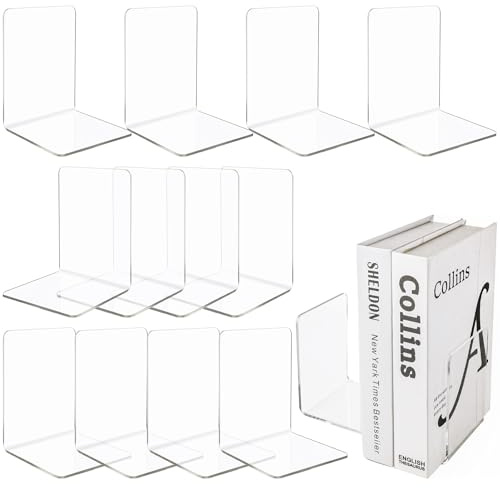 LOPYXBR 12PCS Clear Acrylic Bookends, Clear Bookends for Shelves, Desktop Acrylic Book Stopper for Bedroom Office Library and Organizer