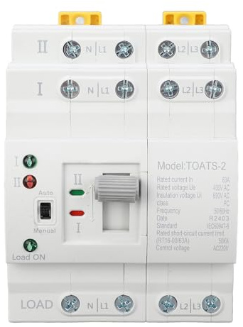 Buachois Interruptor de transferencia automática de doble alimentación, interruptor de conmutación 4P 63A 220V, interruptor de transferencia automática de emergencia para el hogar