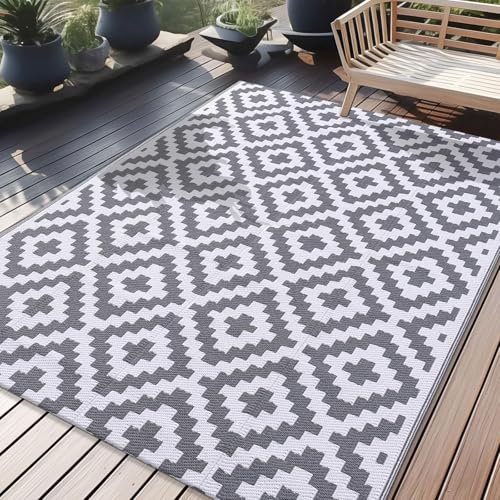Homaxy Outdoor Teppich Wetterfest, 150x240cm, Grau & Weiß