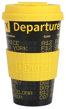 IDRINK®- Taza de café de RPET con tapa de silicona de apertura, fácil de llevar Taza de 435 ml para llevar de plástico reciclado 8,7 x 8,7 x 15 cm ergonómica 435 ml (DEPARTURES)