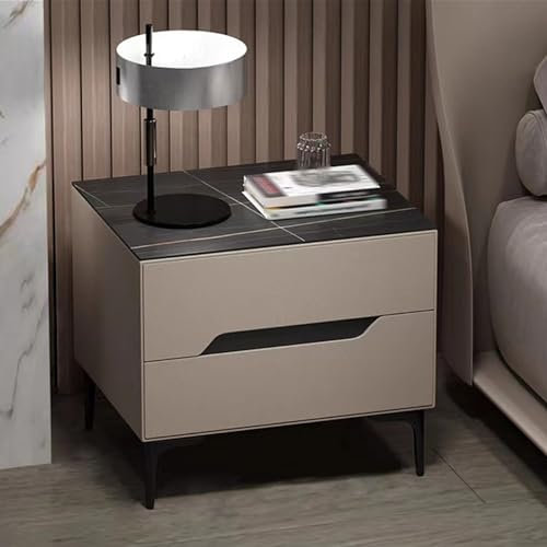 Bedside Table with 2 Drawers, Bedside Table with Leather Finish, Slate Shelves, Carbon Steel Legs, Storage Table for Bedroom Living Room lour: Khaki, d