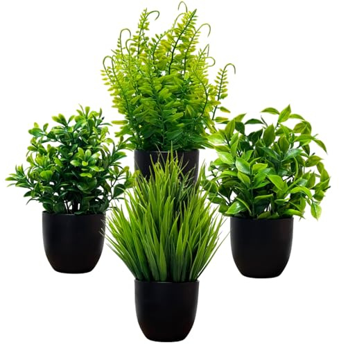 TETOU 4 Pack Artificial Plants in Black Pot - Fake Mini Potted Plants with Eucalyptus & Fern - Faux Plants for Home, Bathroom, Office, Indoor Decor