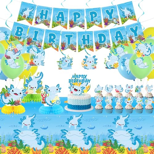 Obussgar Blue Axolotl Birthday Party Decorations - Axolotl Party Supplies including Happy Birthday Banner, Spirals, Cake Toppers, Table Centerpieces, Balloons (LQ)