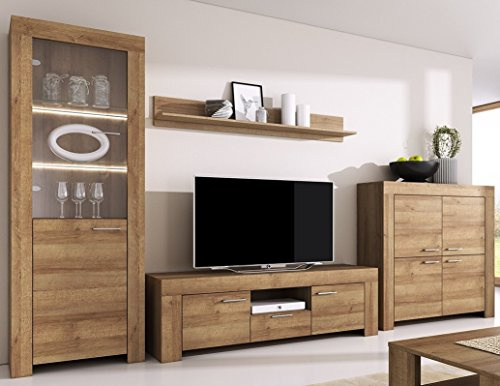 Generisch furniture24 Wohnwand Sky, Riviera Eiche, 7 Türen, Vitrine mit Highboard und Lowboard