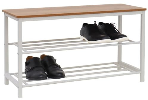 DuneDesign Banco Zapatero Metálico - 80x30x45 Estante Guarda Zapatos con Asiento Madera - Banqueta Recibidor - Mueble Organizador para Entrada Pasillo Baño - Baúl de Almacenaje Dormitorio Puf Cama