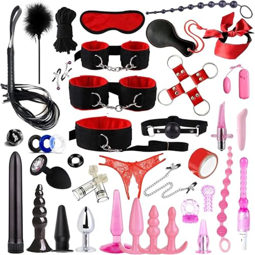 BDSM Sex Bondage Set 39 Pcs Sex Toys Fetish Leather for Couples Extreme Sex Bondage Set Handcuffs Whip Nipple Clamps Gag Butt Plug Set for Beginners and Experienced Couples
