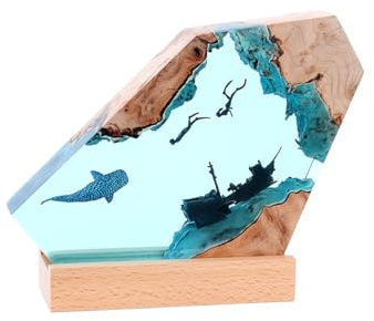 Handmade Ocean Resin Night Light Whale-Diver-Pirate Ship Epoxy Resin Ambient Light: Non-Stringy, Bubble-Free, High-Trans Night Light for Home Decor & Valentine's Gift (Whale-Diver-Pirate, 8 inches)
