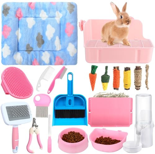 Locmeo 20 Pcs Rabbit Starter Kit Small Bunny Litter Box Animal Grooming Kit with Hanging Pet Bowls Water Bottle Bunny Toys Flannel Blankets with Cleaning Set for Guinea Pig Rabbit Accessories(Pink)