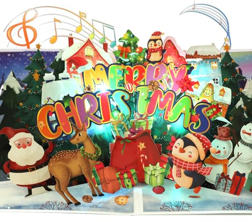 Musik-Weihnachtskarte - 3D-Pinguin-Pop-Up-Weihnachtskarte mit Licht, die Weihnachtskarte als Geschenk für Kinder, Frauen, Männer, Jungen und Mädchen