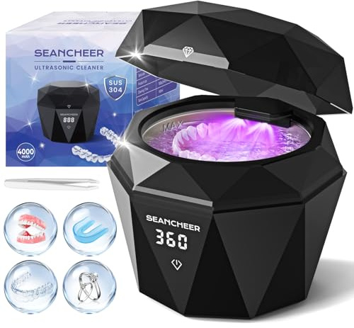 Pulitore Ultrasuoni 48kHz Ultrasonic Cleaner | Ricaricabile | IPX7 | 180ML | LLampada UV Dental Pod per | Bite Bruxismo Notturno | Protesi Dentali | Apparecchio Denti | Retainer | Allineatori | (Nero)