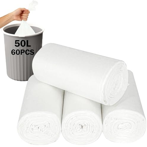 Biodegradable Bin Bags Liners 5/10/20/30/50L， Compostable Food Waste Bags&Caddy Liners，Recycled Bin Liners Rubbish Bags for Kitchen Trash, Household Office and Dog Waste Bags (White,50L-60PCS)
