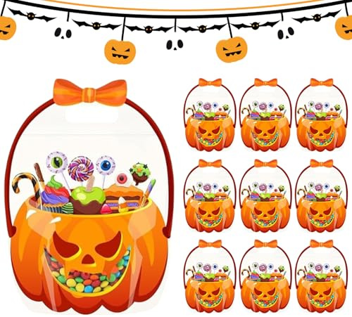 Miyanvuo Bolsas De Golosinas De Halloween | 10 Unidades Bolsas Sellables Calabaza Transparentes Con Asas | Decoración Cubo Dulces Otoño Para Fiestas Festivas | Detalles Snacks Juguetes Truco Trato