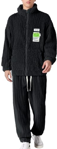 Generisch Pijama largo para hombre, forro polar coral, ropa de salón, franela para invierno, ropa de dormir gruesa, 2 piezas, cuello alto, parte superior con cremallera y pantalón de pijama elástico