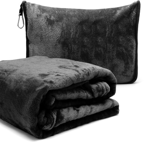 2-i-1 resefilt och resekudde med dragkedja, multifunktionell kudde, mjuk och varm flygplansfilt, gosig filt, örngott, kompakt filt för flygplan, bil, kontor, 127 x 152 cm (svart B)