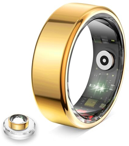 Bague Connectée Smart Ring pour Femme et Homme, Tracker Fitness avec Moniteur Fréquence Cardiaque, Sommeil, 100+ Sports, Podomètre, Étanche IP68, Sans Abonnement pour iOS and Android (Doré, 8)