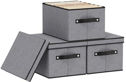 YheenLf 3 Stück Faltbare Aufbewahrungsboxen mit Deckel,Grau,26×20×17cm | Aufbewahrungsbox Stoff, Aufbewahrungskorb,Ordnungsboxen,Kleiderschrank Organizer,Stoffbox mit Griff für Kleidung