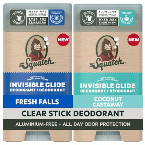 Dr. Squatch Invisible Glide Natural Deodorant – Smooth Glide with No Stains - Aluminum Free + Dermatologically-Tested Formula Suits Sensitive Skin - Fresh Falls + Coconut Castaway (2.65 oz, 2-Pack)