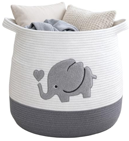 Großer Aufbewahrungskorb Wickeltisch Korb Kinderzimmer, 39x43cm Elefantenmuster - als Spielzeug Aufbewahrung Wäschekorb für Decken & Kissen, auch als Geschenk Ideal