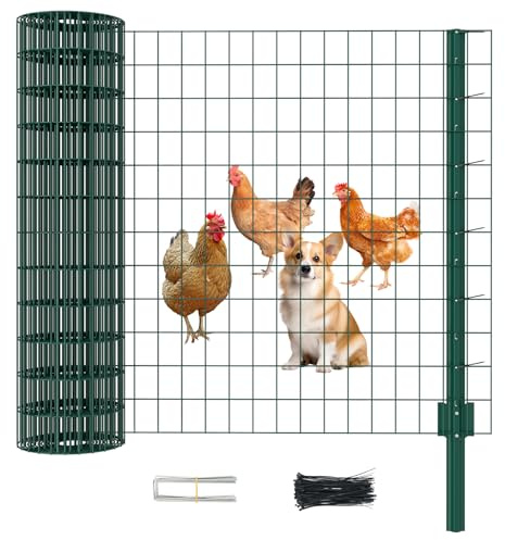 SUNYRISY Metall Hühnerzaun Gartenzaun Maschendrahtzaun mit 5 x Pfosten | 15m lang 115cm hoch Mobiler Hundezaun Weidezaun Steckzaun Begrenzungszaun Schafzaun, Verzinkter Material, Grün