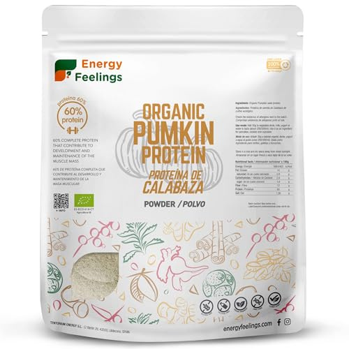 Energy Feelings Protéine Végétale de Graine de Courge Bio 60% 1kg, Poudre de Protéine Musculation Sans Sucre Ajouté et Sans Lactose, Vegan Protein Powder