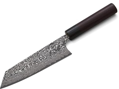 Kanehiro Damast Profi-Messer BUNKA Kurosome Yoshimi Kato. Klingen-Länge 16cm. VG-10 Schneidkern, 30 Lagen Damast, hand-geschmiedet. Runder Echt-Holz-Griff aus hochwertigem Rosenholz-Palisander