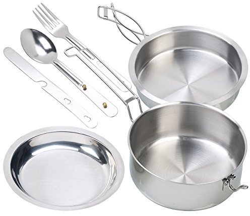 Semptec Urban Survival Technology Camping Topf: 6-teiliges Edelstahl-Camping-Kochgeschirr-Set mit Besteck (Kochset, Topf Edelstahl, Zelt)