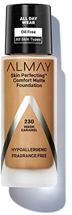 Almay Skin Perfecting Comfort Matte Foundation Liquid Makeup, Hypoallergenic, Cruelty- & Fragrance-Free, Dermatologist-Tested, 230 Warm Caramel, 1 fl oz