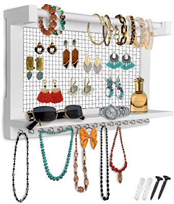 Comfify rustikaler Schmuckorganisator - Wandschmuckhalter mit abnehmbarem Armbandstiel, Ablage und 16 Haken - Perfekte Ohrringe, Halsketten und Armbandhalter - Vintage-Schmuckdisplay - weiß