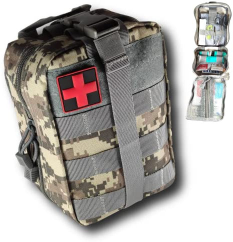 Trousse de secours militaire tactique compléte -Assemblée en FRANCE inclus 3 tire tiques, pansement compressif..Conçue pour le camping, maison,travail,voiture,sport.