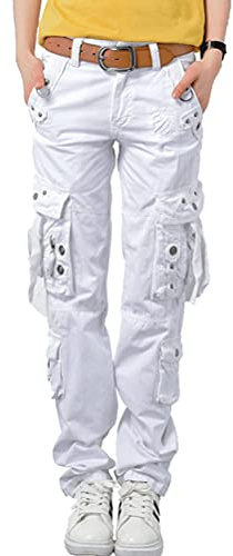 Onsoyours Damen Freizeithose Taschen Cargohose Gerades Bein Kampfhose Outdoor Kletterhose Relaxed-Fit Multi Taschen Sport Jogginghose Climbing Pants A Weiß XXL