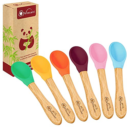Vinsani 6 Pieces Bamboo and Silicone Spoon Set for Baby/Toddler Weaning Self-Feeding Training Ergonomically Designed, Hypoallergenic and BPA-Free