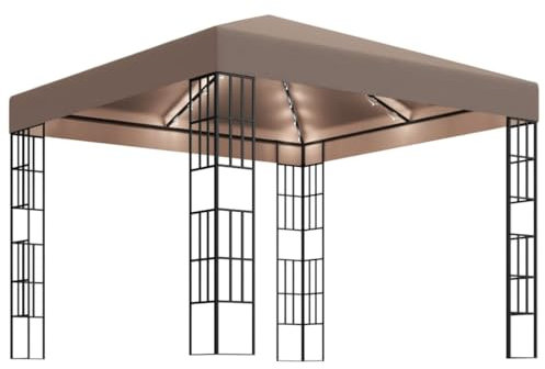 vidaXL Tonnelle avec Guirlande Lumineuse à LED Belvédère de Jardin Pavillon d'Extérieur Tente de Réception Chapiteau Barbecue 3x3 m Taupe