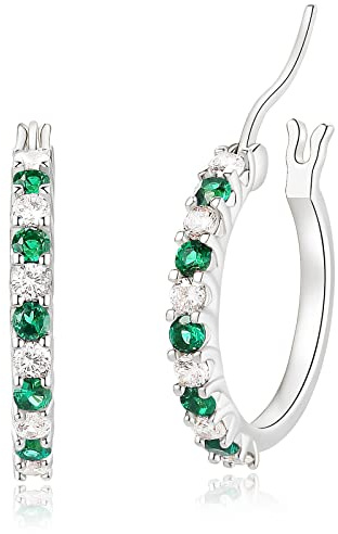 Sfoni Silver Hoop Earrings for Women, Hypoallergenic Sterling Silver Hoop Earrings Dainty Small Huggie Hoops for Girls Jewellery Gifts For Christmas Birthday, 15mm / Green Stones