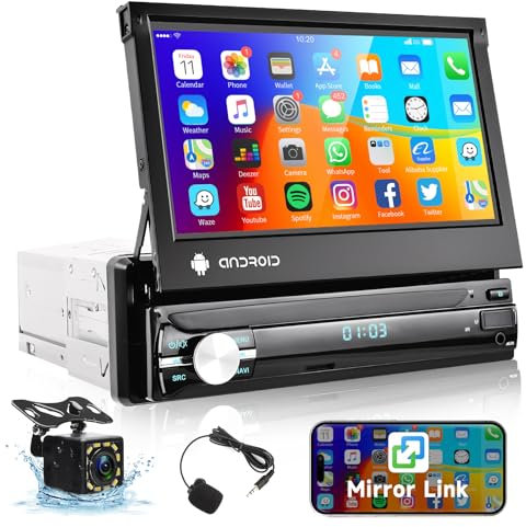 Hodozzy Android Autoradio mit Wireless Carplay Android Auto GPS-Navigation WiFi Bluetooth FM-RDS-Radio, 7-Zoll-Touchscreen 1 Din Auto Multimedia Player Mirror Link, Lenkradsteuerung, Rückfahrkamera