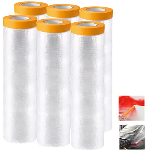 Tongboke 6 Rollen maler abdeckfolie mit klebeband,abklebeband mit folie goldband, Perfekt für Außen zum renovieren malerfolie abdeckfolie mit klebeband rückstandslos entfernen (240cm×20m)