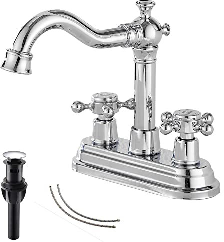 GGStudy Robinet de salle de bain chromé à 2 poignées de 10,2 cm pour camping-car avec assemblage de vidange et tuyau d'alimentation, robinet mitigeur à double poignée