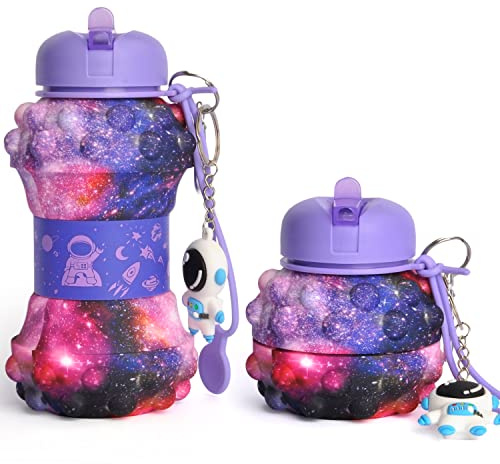 CARESWAY Kids Water Bottle with Keyring – 500ml Girls & Boys Kids Drinks Bottle - Foldable Collapsible BPA Free Childrens Water Bottle - Poppet Fidget Kids Water Bottles for School (Galaxy)
