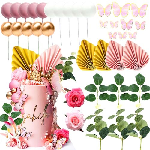 JeVenis Pink Balls Cake Topper Baby Shower Cake decoration Butterfly Cake Decorations Rose Cake Topper Boho Cake Decorations Palm Leaves Cake Decoration