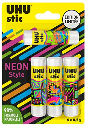 UHU Stic - Bastoncini di colla senza solventi, edizione limitata Neon, bianco, confezione da 4 bastoncini da 8,2 g