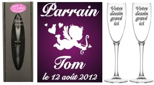 Lot : 1 Verre PARRAIN + 1 MARRAINE (ou 2 Parrains ou 2 Marraines au choix) - Flûtes à Champagne Gravées Modèle Ange + 2 Boîtes Cadeaux - Souvenir du Baptême de votre enfant - Cadeau personnalisé