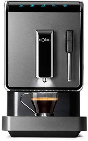 Solac - Cafetera Súper Automática | Thermoblock | 19 bar | 1470W | Diseño compacto 18cm | Café en 40s | Espuma y Calienta leche | Auto limpieza | Café espresso, suave y favoritos personalizables
