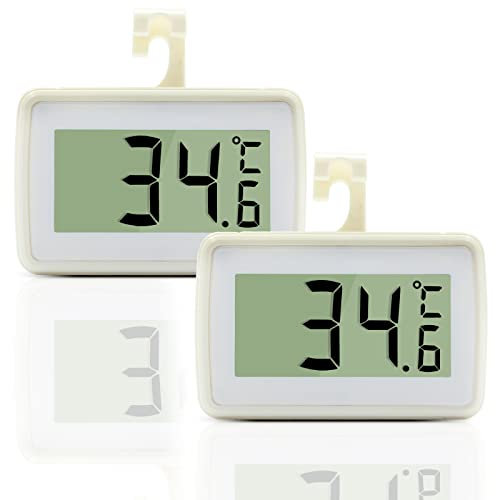 Digital Fridge Thermometer, Waterproof Refrigerator Alarm Thermometer with Hook, °C/°F Convertible, 2 PCS