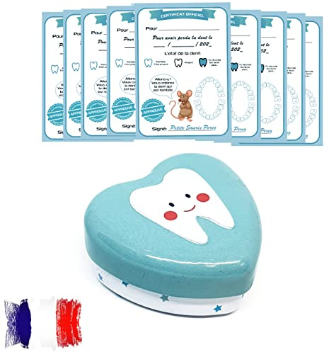 Myfuturshop® Caja dientes de leche, Cartas ratoncito Pérez | Una cajita guarda dientes Y 10 Certificados de diente limpio | VERSION FRANCESA | Regalo original para niño y niña. (AZUL)