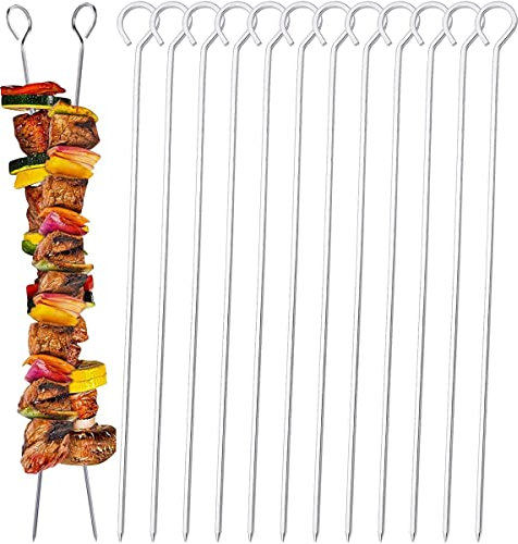 Juego de 12 Pinchos de Acero Inoxidable para barbacoa, Pinchos Morunos de Metal, Palos para Barbacoa, Brochetas de la Parrilla Reutilizables, 35cm